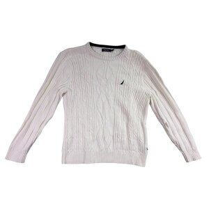 Nautica Mens White Cotton Cable Knit Sweater Long Sleeve Crewneck Size L